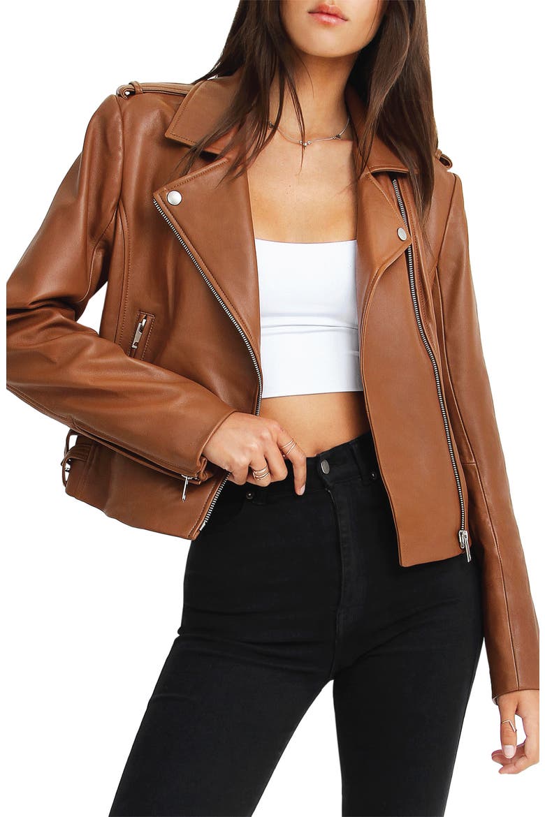 Just Friends Leather Moto Jacket, Alternate, color, BROWN