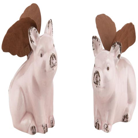 Set of 2 Small Pink Ceramic Flying Piggies with Wings 2.75in Home Decor Spring Summer Decorative Objects