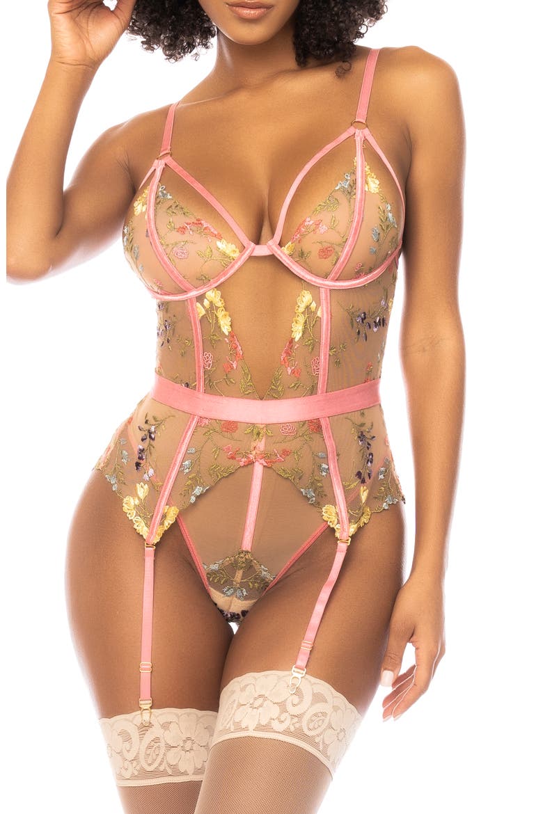 Embroidered Underwire Teddy with Garter Straps, Main, color, PINK GARDEN