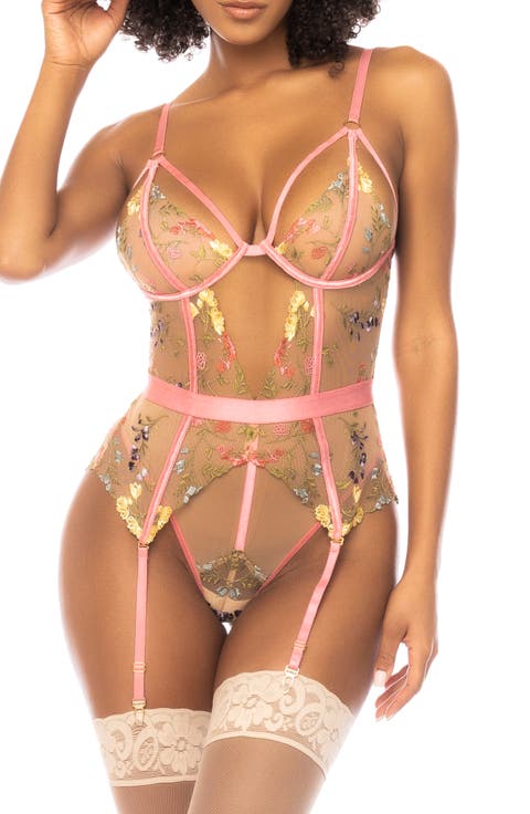 Embroidered Underwire Teddy with Garter Straps