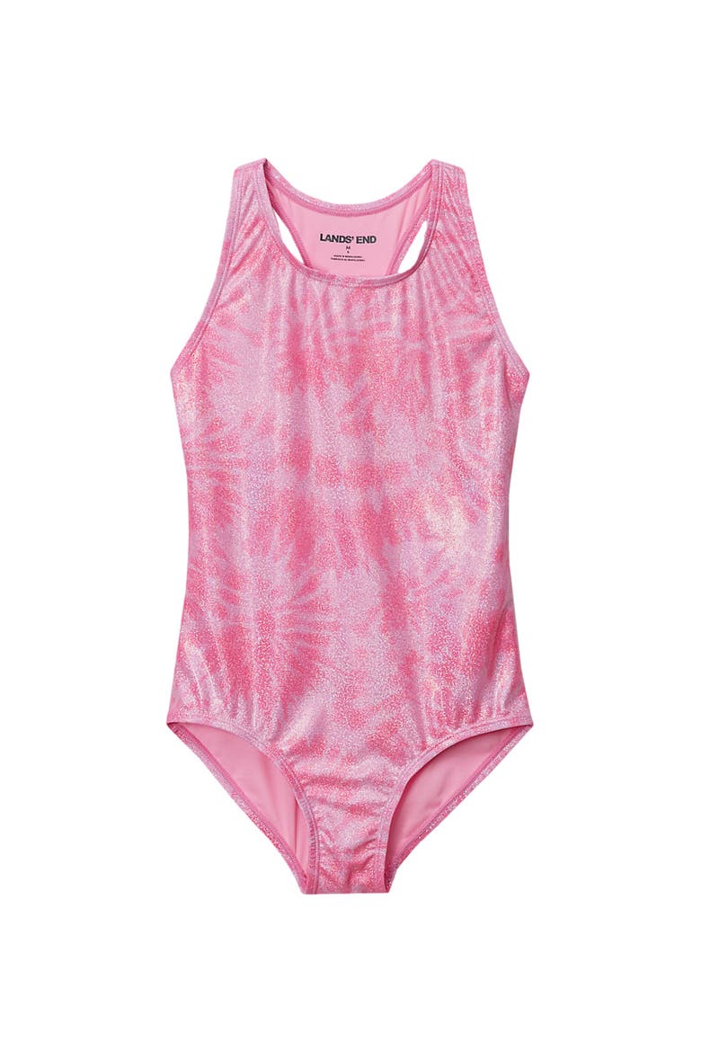 Girls Chlorine Resistant Sporty Hi-Neck Racer Back One Piece Swimsuit, Alternate, color, Pink/Foil/Tie Dye