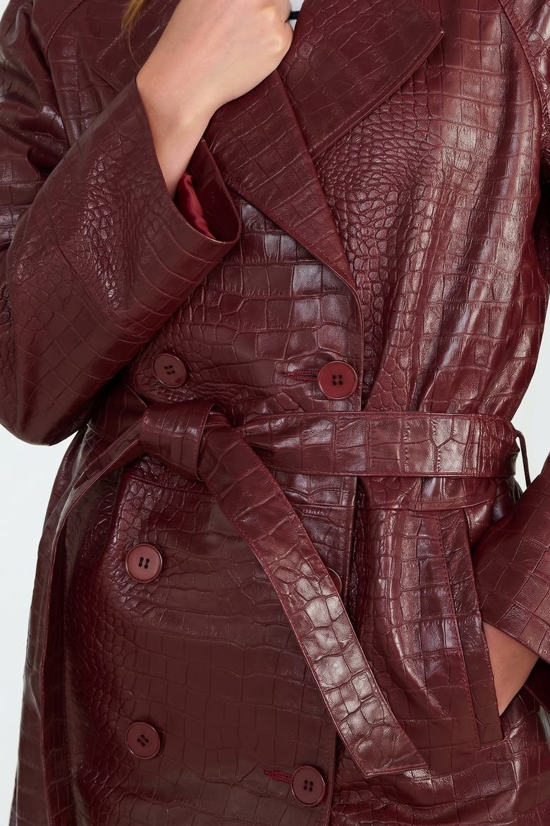 Sloane Croc-Embossed Leather Trench Coat, Alternate, color, Burgundy