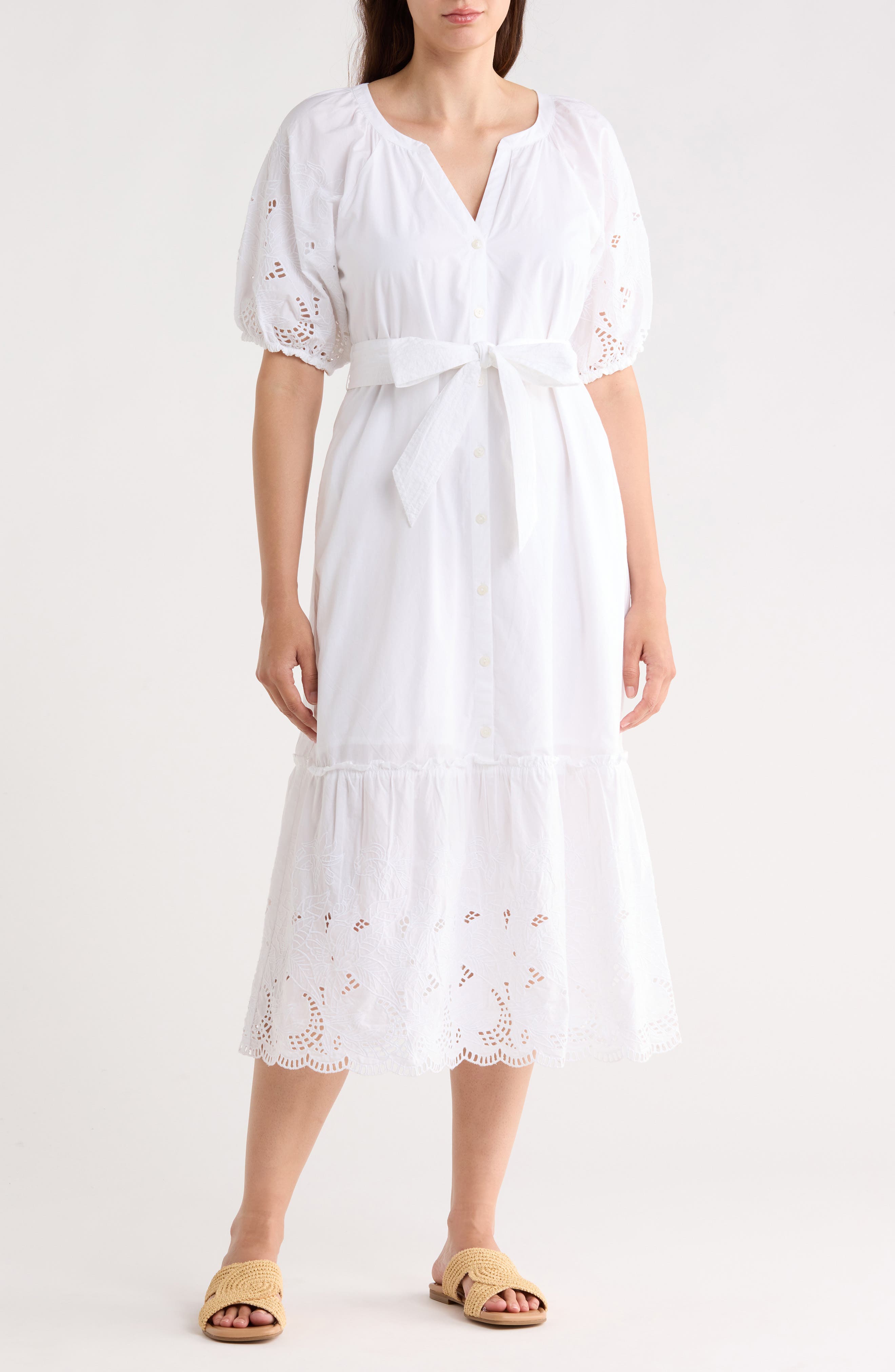 Tommy Bahama Flora Fresco Embroidered Eyelet Puff Sleeve Cotton Shirtdress