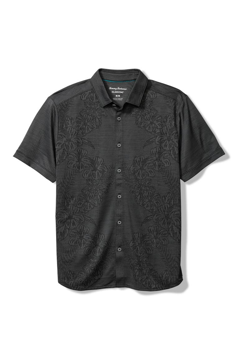 Palm Coast Cascade Vines IslandZone® Performance Short Sleeve Knit Button-Up Shirt, Main, color, BLACK