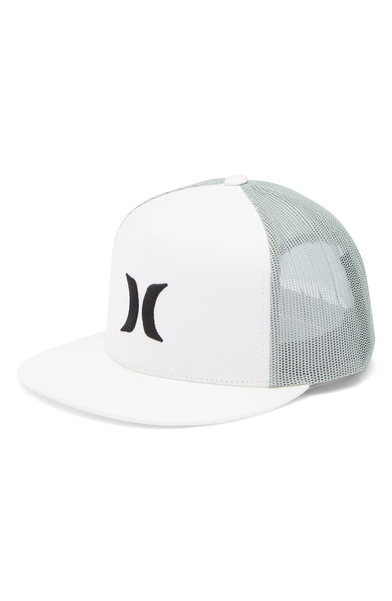 Hurley Icon Solid Flat Trucker Baseball Cap, Main, color, White