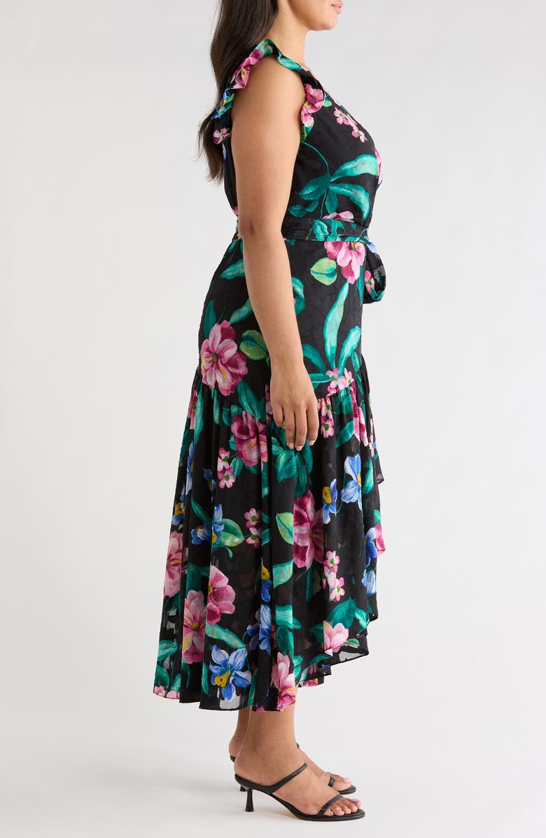 Anne Klein Print Ruffle High-Low Faux Wrap Maxi Dress, Alternate, color, Anne Black Multi