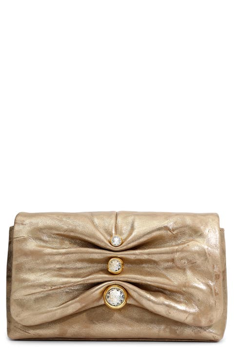 Ruched Crystal Molten Leather Clutch
