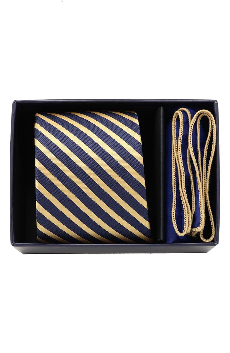 Ben Sherman Stripe Tie & Pocket Square Box Set, Alternate, color, Navy Gold