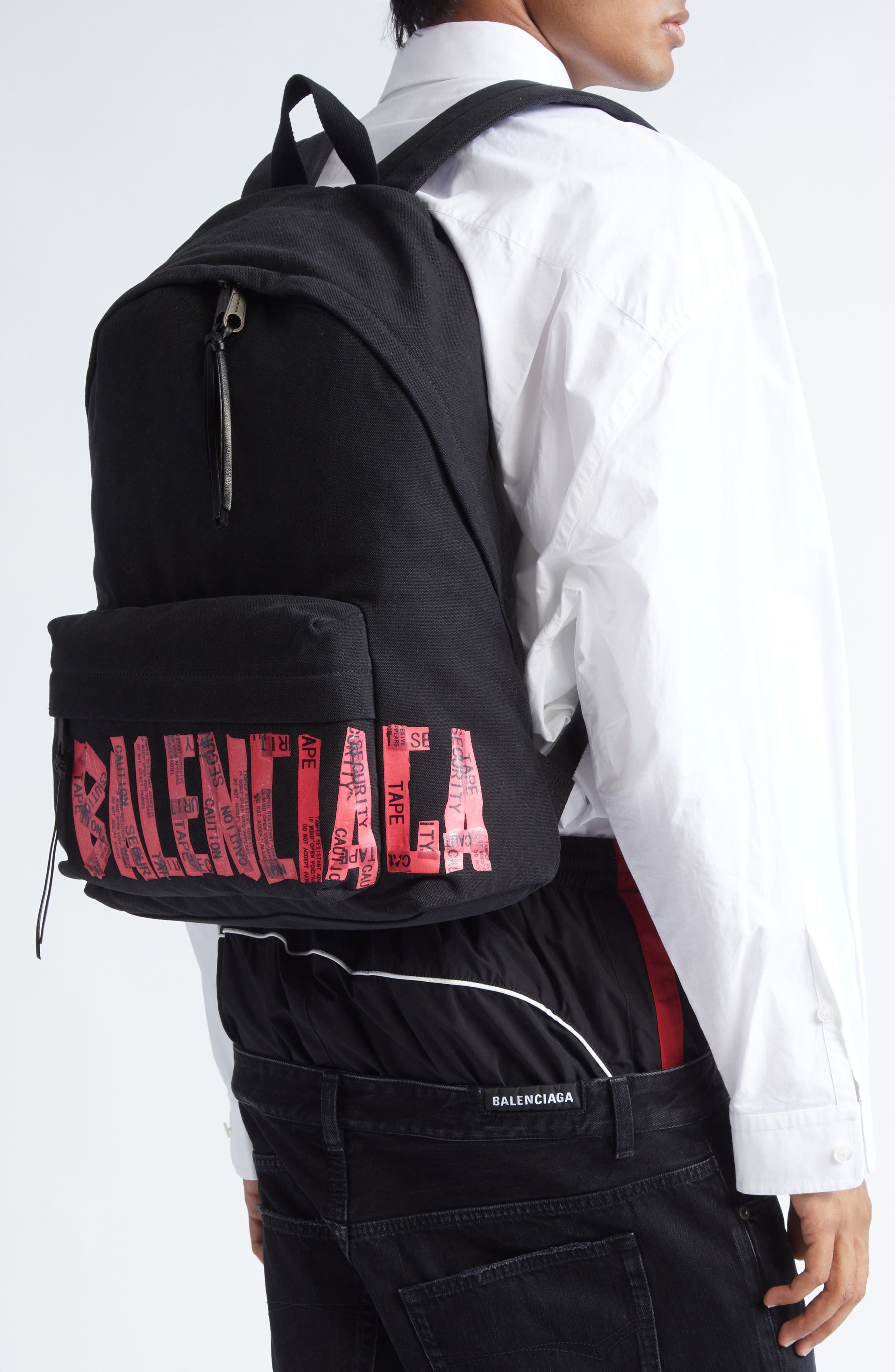 Balenciaga Tape Type Logo Canvas Backpack, Alternate, color, Black/ Light Red