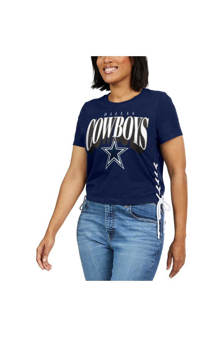 Women's WEAR by Erin Andrews Navy Dallas Cowboys Lace Up Side Modest Cropped T-Shirt, Alternate, color, Navy
