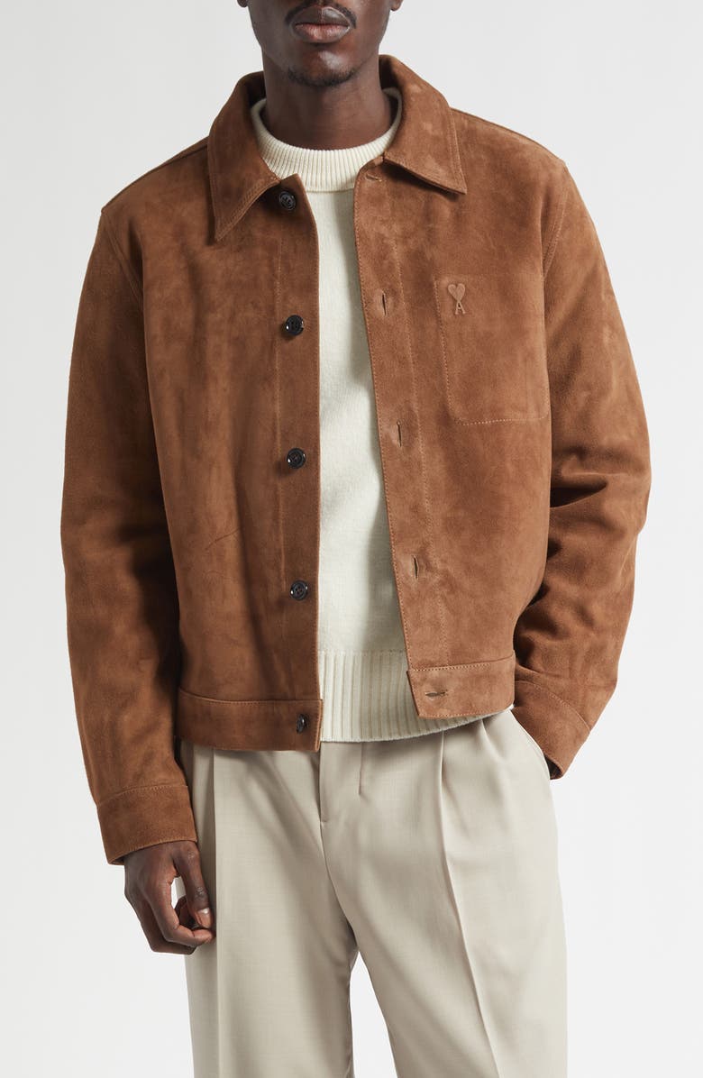 AMI PARIS Ami De Coeur Leather Shirt Jacket, Main, color, Hazelnut