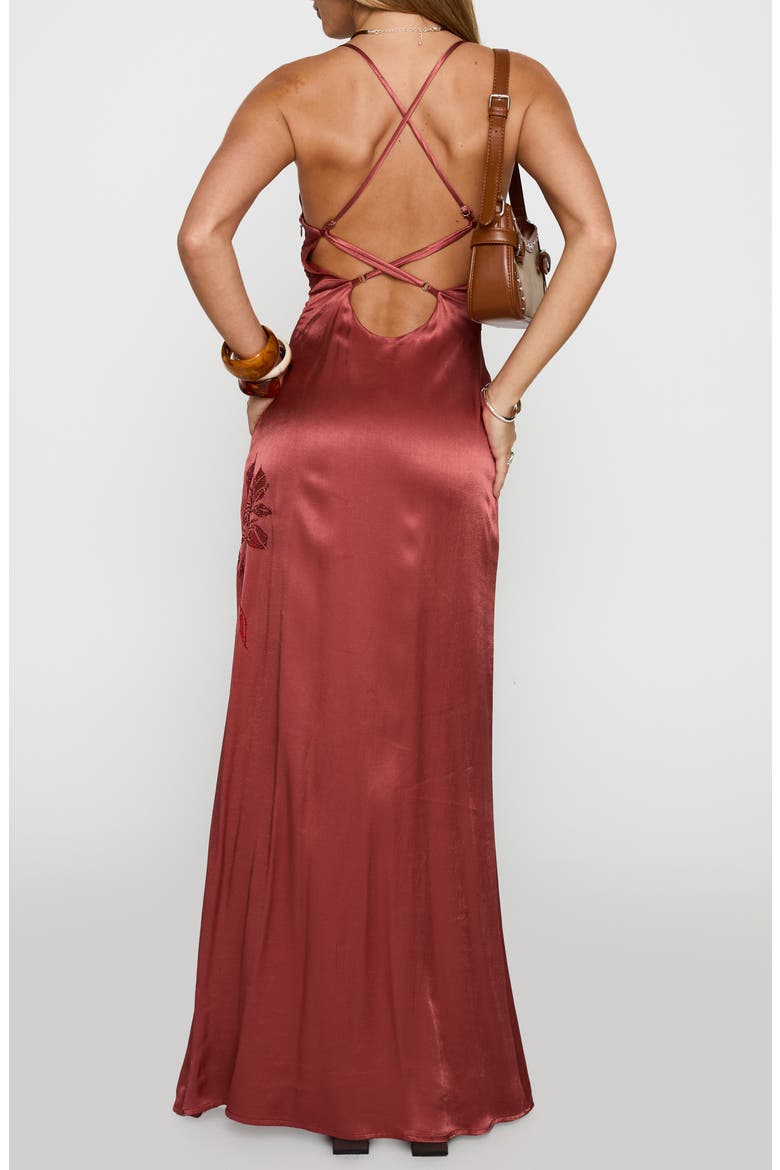 Catch You Up Bead Detail Strappy Back Satin Gown, Alternate, color, RED