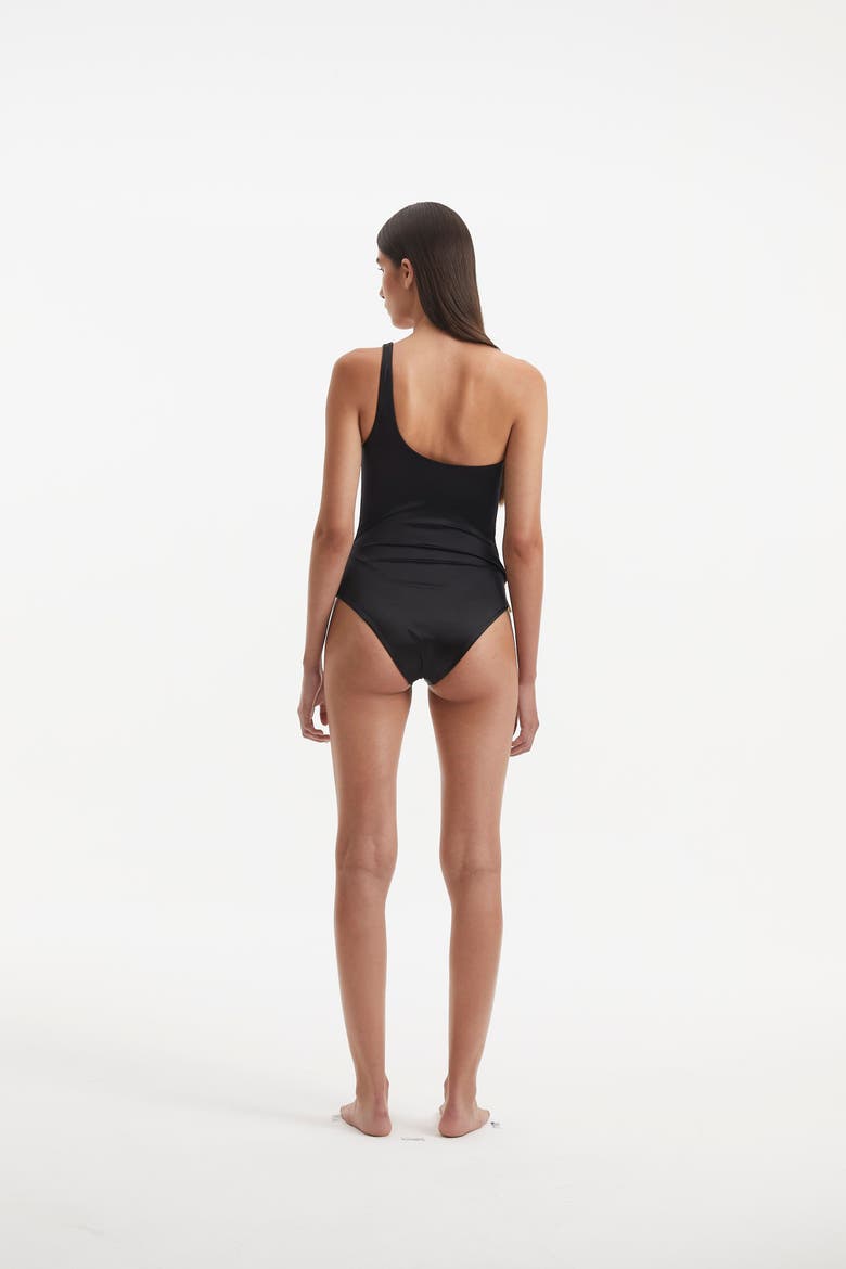 Kaimana One Shoulder Satin Swimsuit, Alternate, color, Black