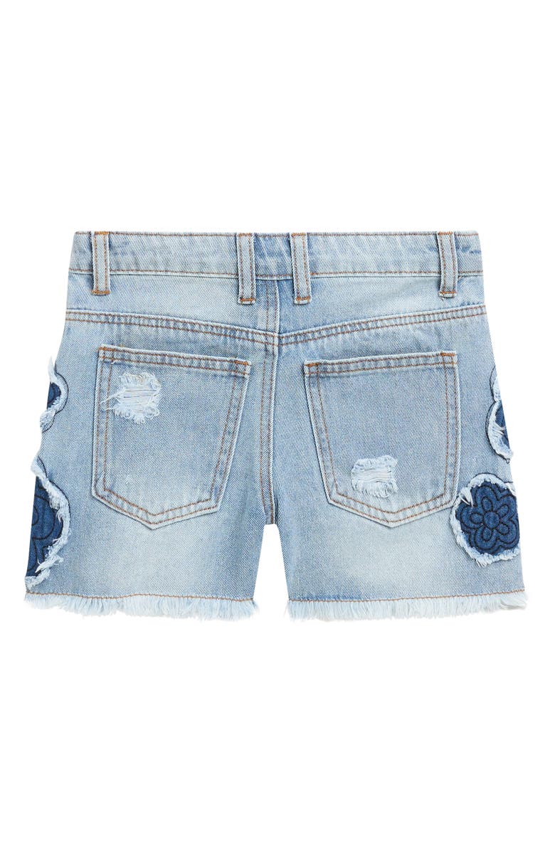 Truly Me Kids' Flower Appliqué Distressed Denim Cutoff Shorts, Alternate, color, Blue
