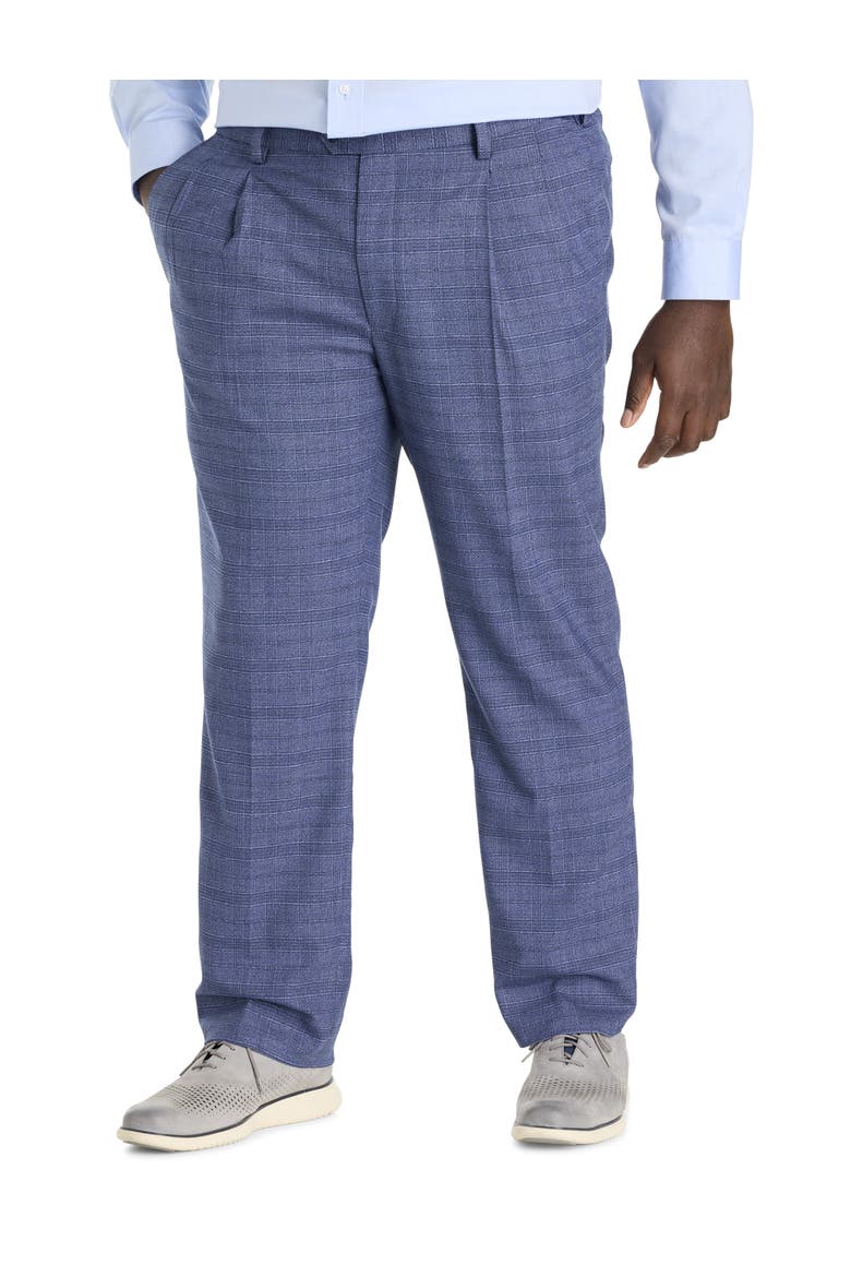 Big & Tall Waist-Relaxer Plaid Pleated Dress Pants, Main, color, BLUE