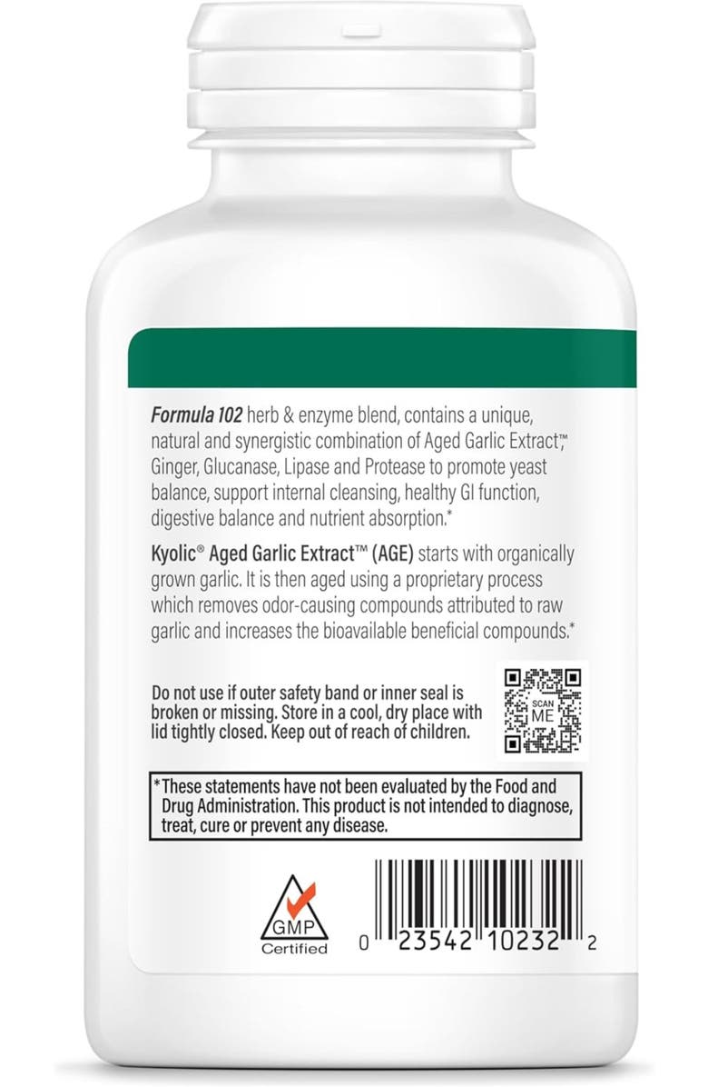Kyolic Aged Garlic Extract Formula 102, Cleanse & Digestion, Ginger and Enzyme Complex, Veg Tablets 200 Count, Alternate, color, NO COLOR