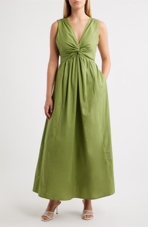 Twist Front Sleeveless Poplin Midi Dress
