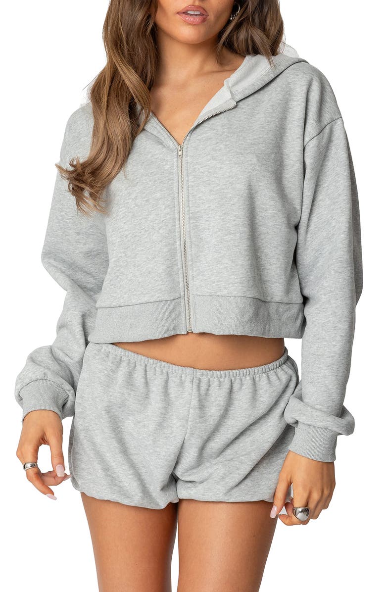 EDIKTED Robina Zip Crop Hoodie, Main, color, Gray-Melange