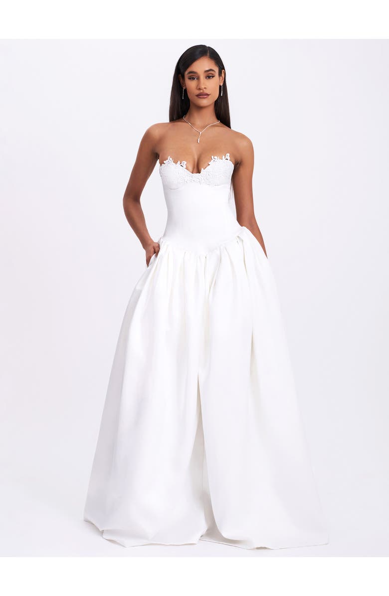 Miss Circle Naila Lace Trim Strapless Drop Waist Wedding Gown, Main, color, White