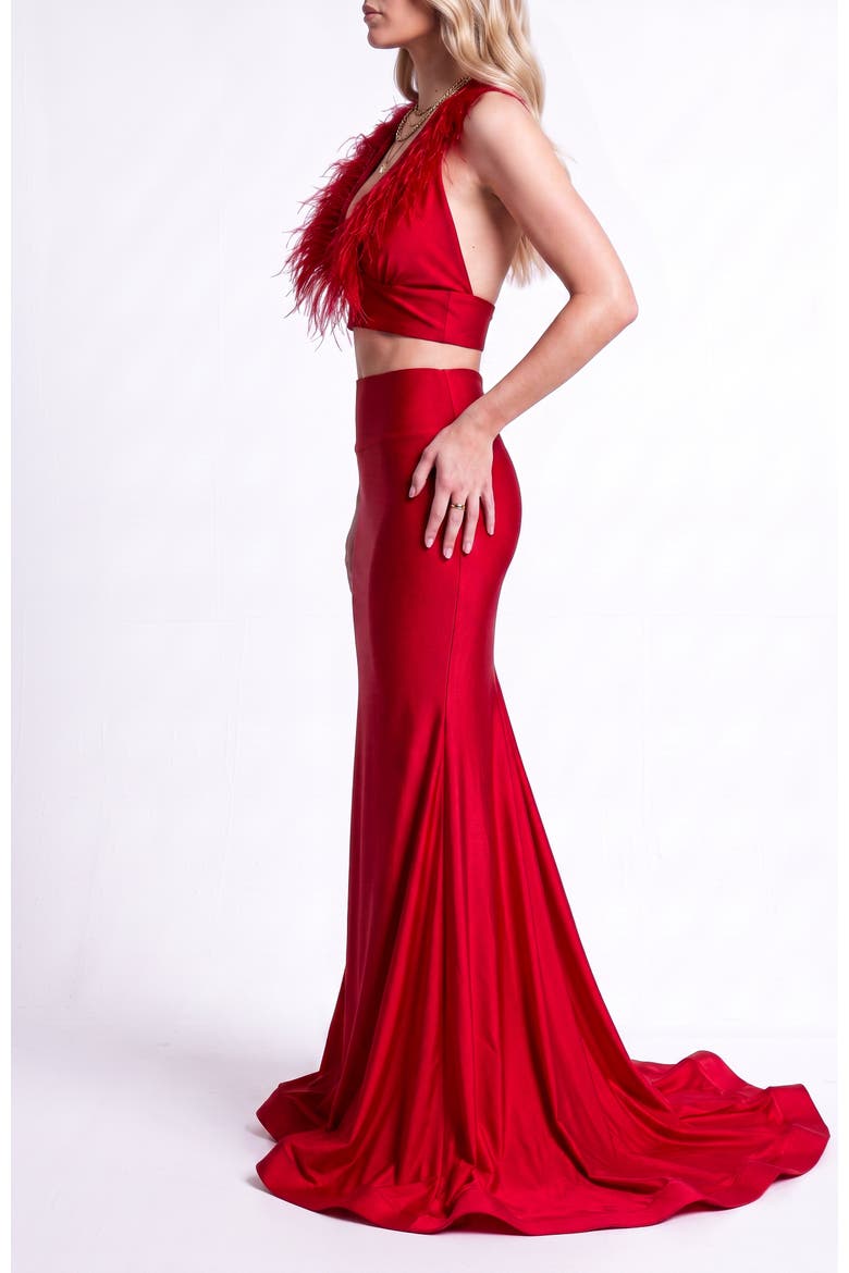 Feather-Trim Two-Piece Mermaid Evening Gown, Alternate, color, Red