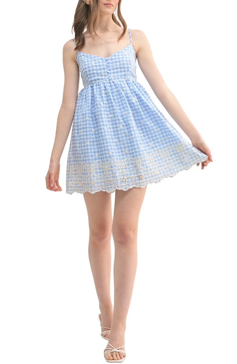 All in Favor Floral Embroidery Gingham Minidress, Main, color, Blue