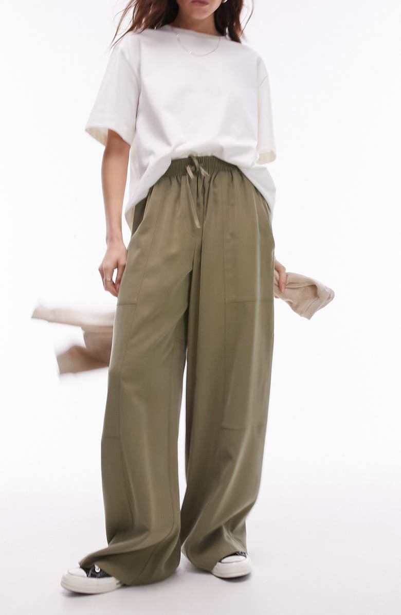 Topshop Wide Leg Drawstring Pants, Main, color, Khaki Green
