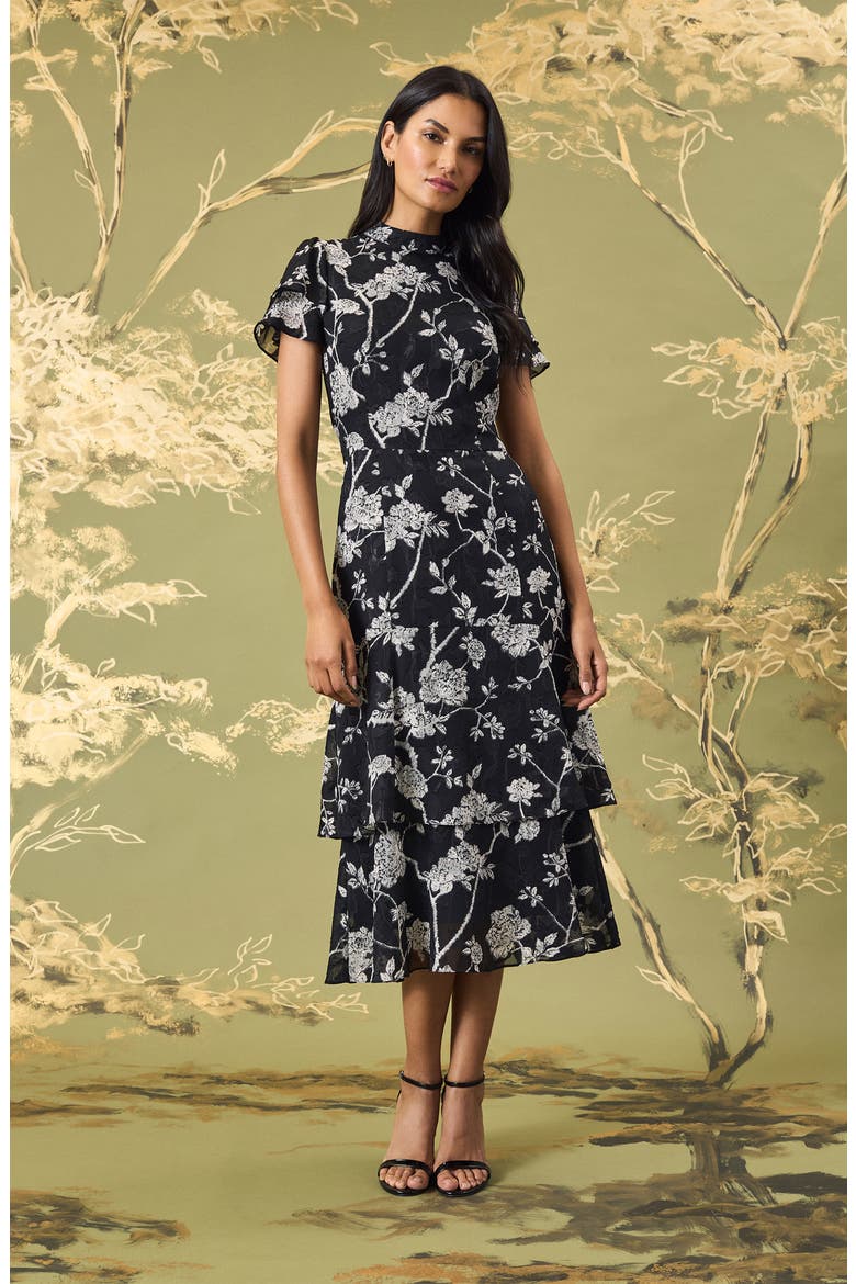 Floral Short Sleeve Tiered Midi Dress, Alternate, color, BLACK/WHITE
