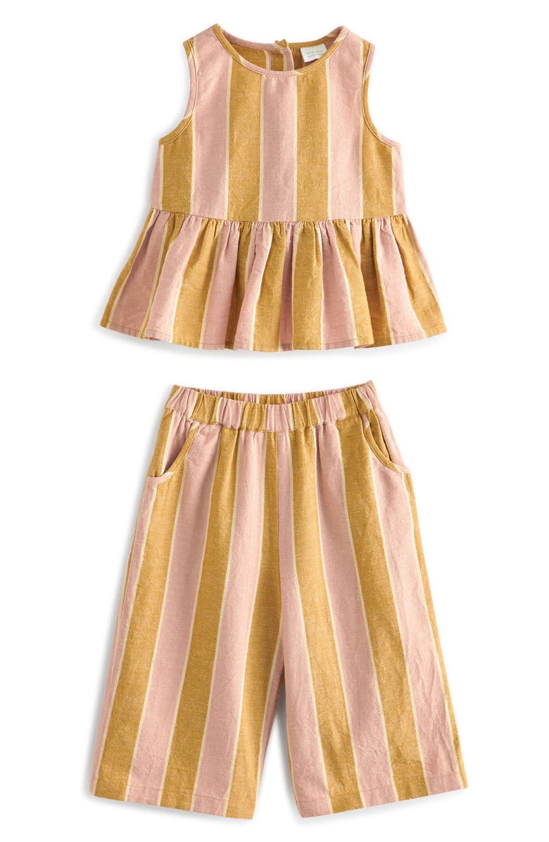 NEXT Kids' Stripe Sleeveless Cotton & Linen Peplum Top & Pants Set, Main, color, 