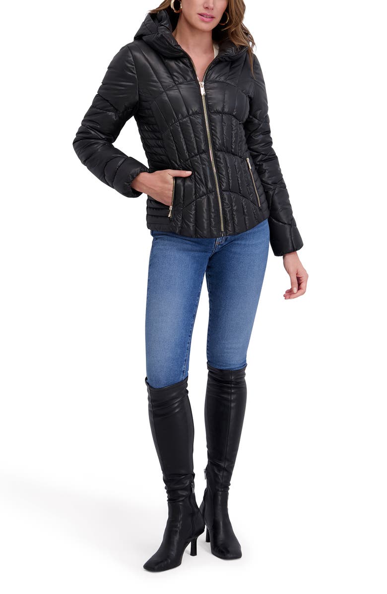 Kensie Hooded Puffer Jacket, Alternate, color, Black