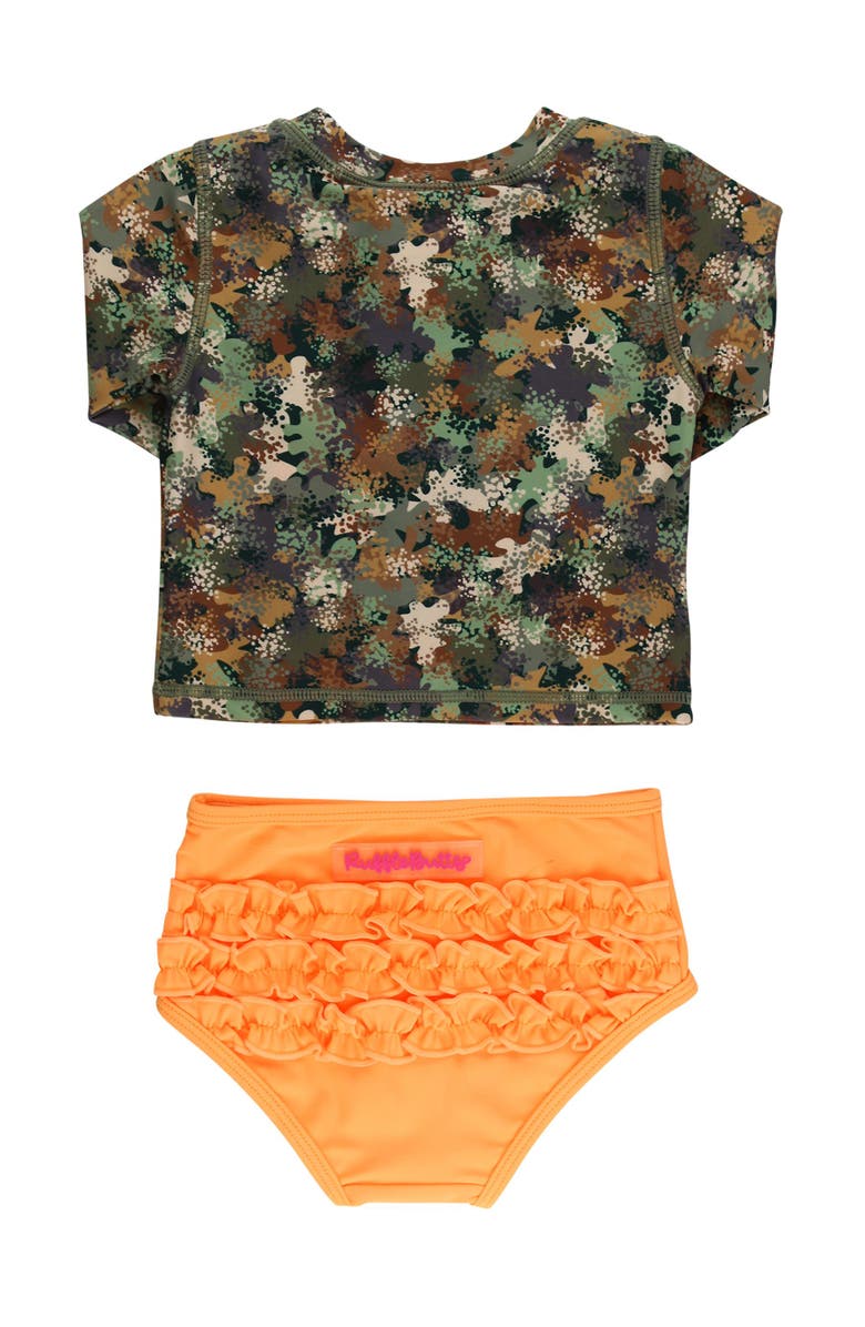 RuffleButts Girls UPF50+ Long Sleeve Zipper Rash Guard 2-Piece, Alternate, color, Classic Camo