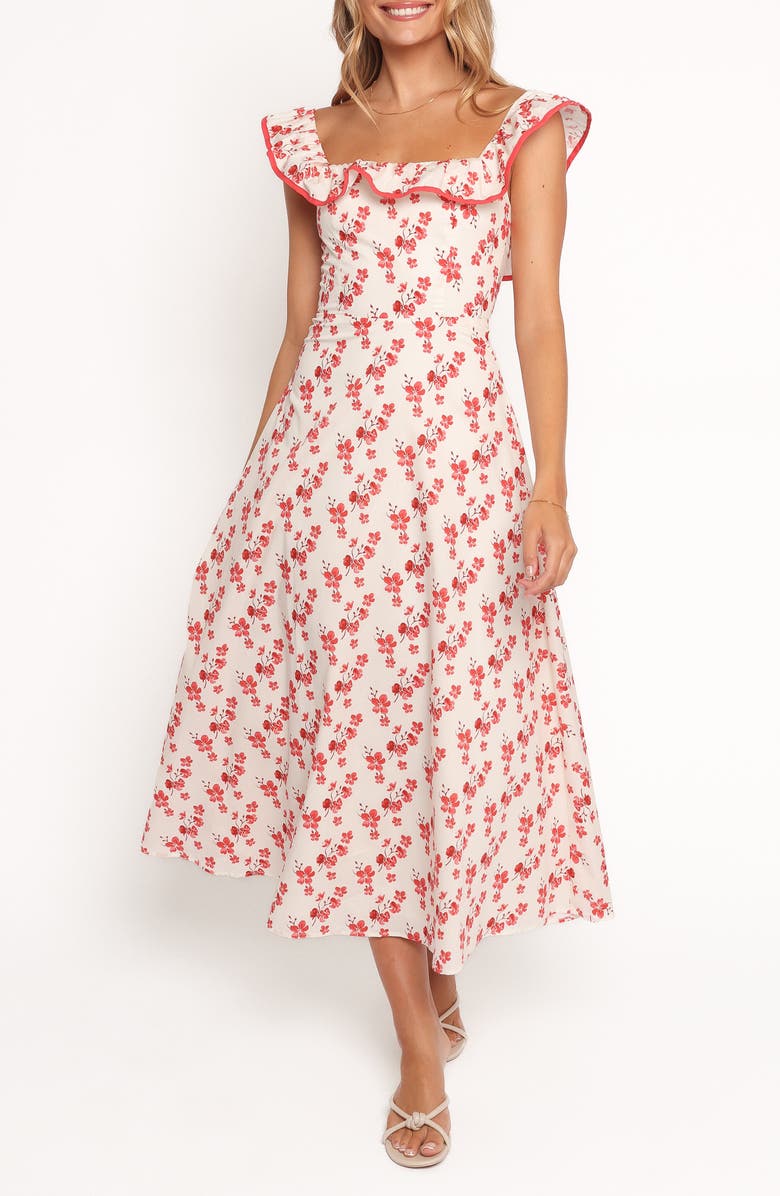 Petal & Pup Lucille Floral Ruffle Cotton Midi Dress, Main, color, Red Floral