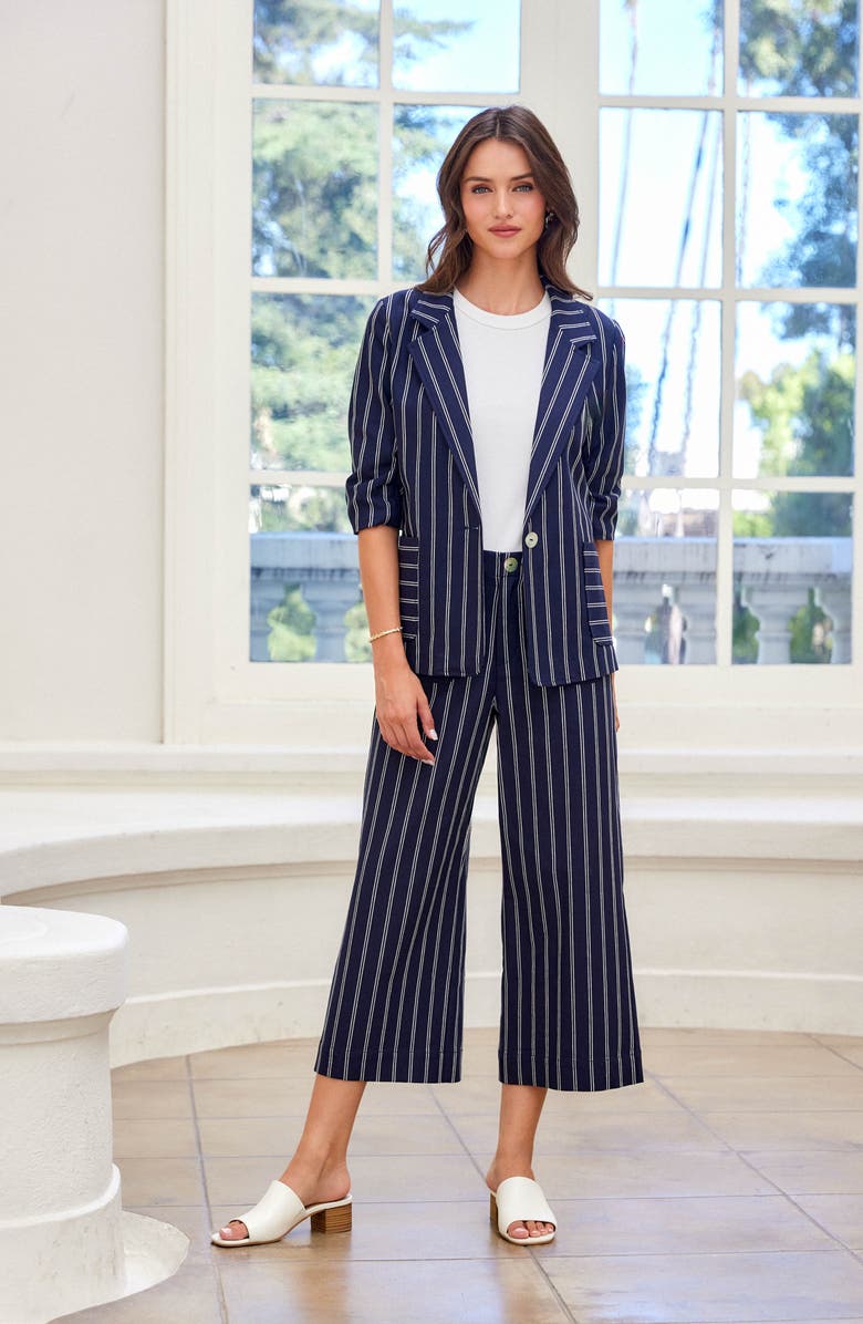 Karen Kane Stripe Cotton Blend Crop Wide Leg Pants, Alternate, color, Navy