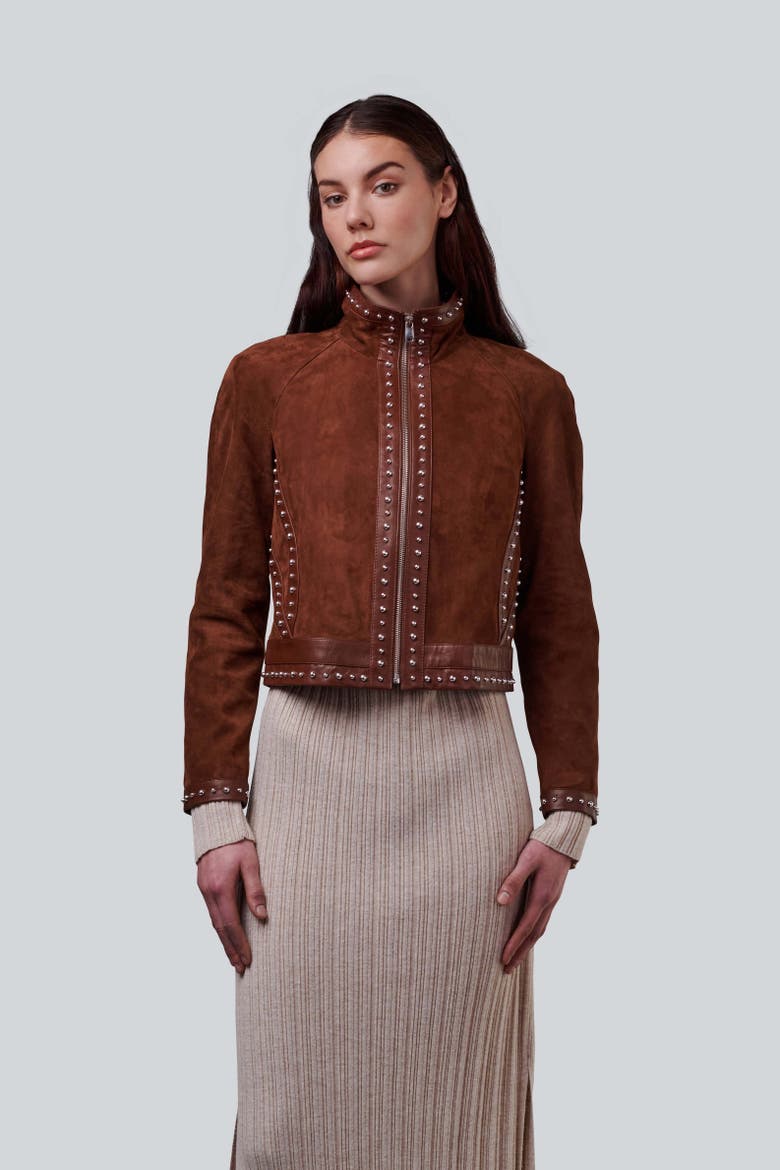 Harper Suede Studded Jacket, Main, color, Brown