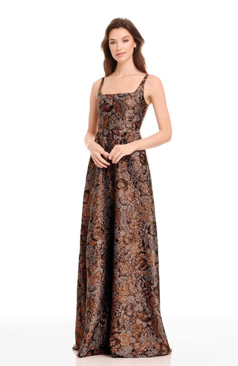 Dress the Population Vienna Metallic Floral Jacquard A-Line Gown, Alternate, color, Bronze Multi