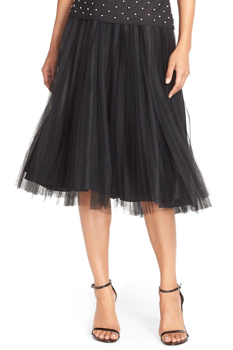 Pleated Tulle Midi Skirt, Main, color, BLACK