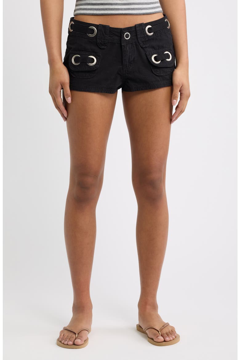 Eyelet Cargo Mini Shorts, Main, color, BLACK