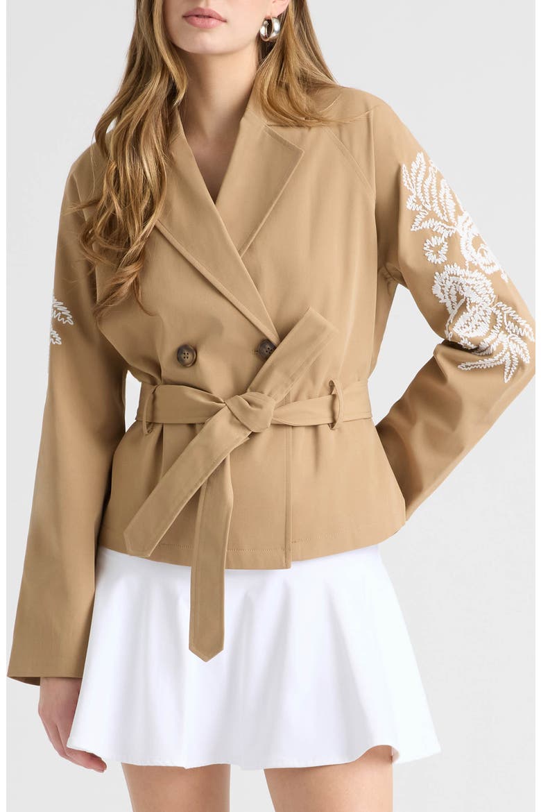 Embroidered Belted Crop Trench Coat, Main, color, BRITISH TAN
