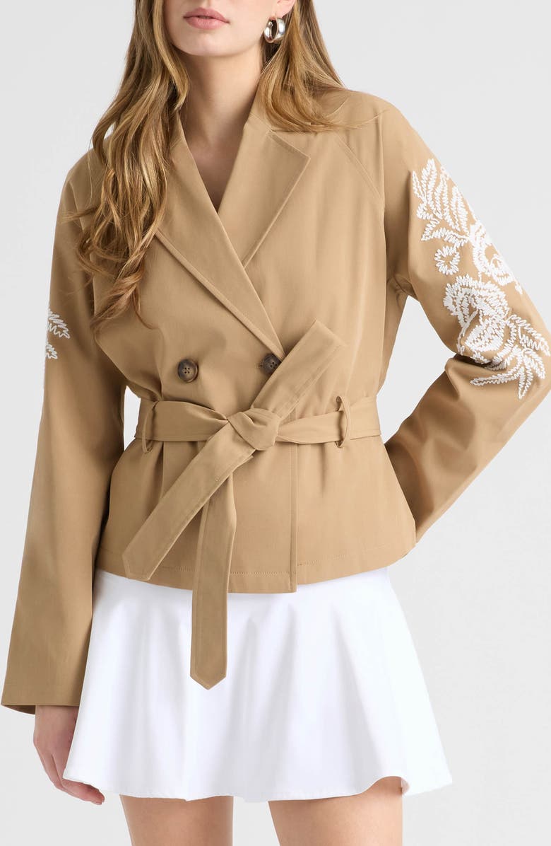 NVLT Embroidered Belted Crop Trench Coat, Main, color, British Tan