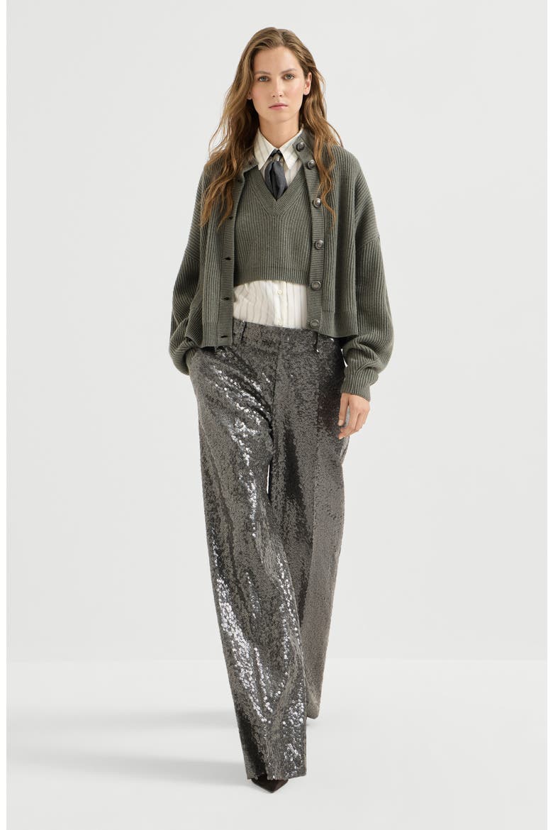 Dazzling texture embroidery loose flared trousers in virgin wool flannel, Alternate, color, Dark Grey