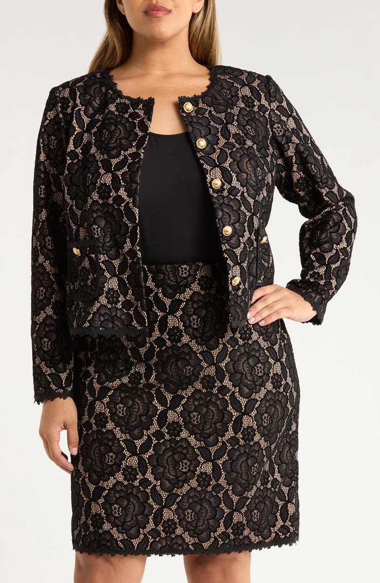 Tahari ASL Bonded Lace Jacket, Main, color, Black Nude