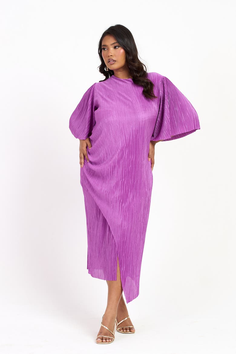 Ruched Side Flutter Sleeve Midi Dress, Alternate, color, Purple