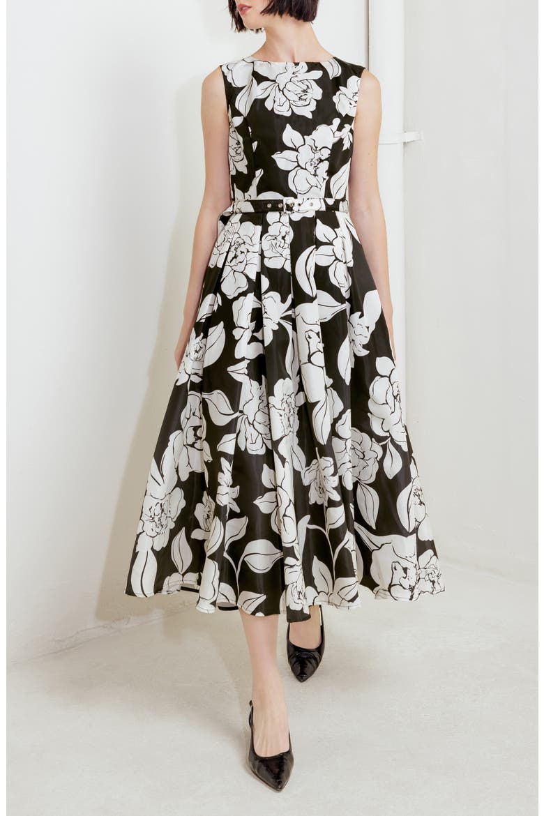 Print Belted Sleeveless Maxi Dress, Alternate, color, BLACK