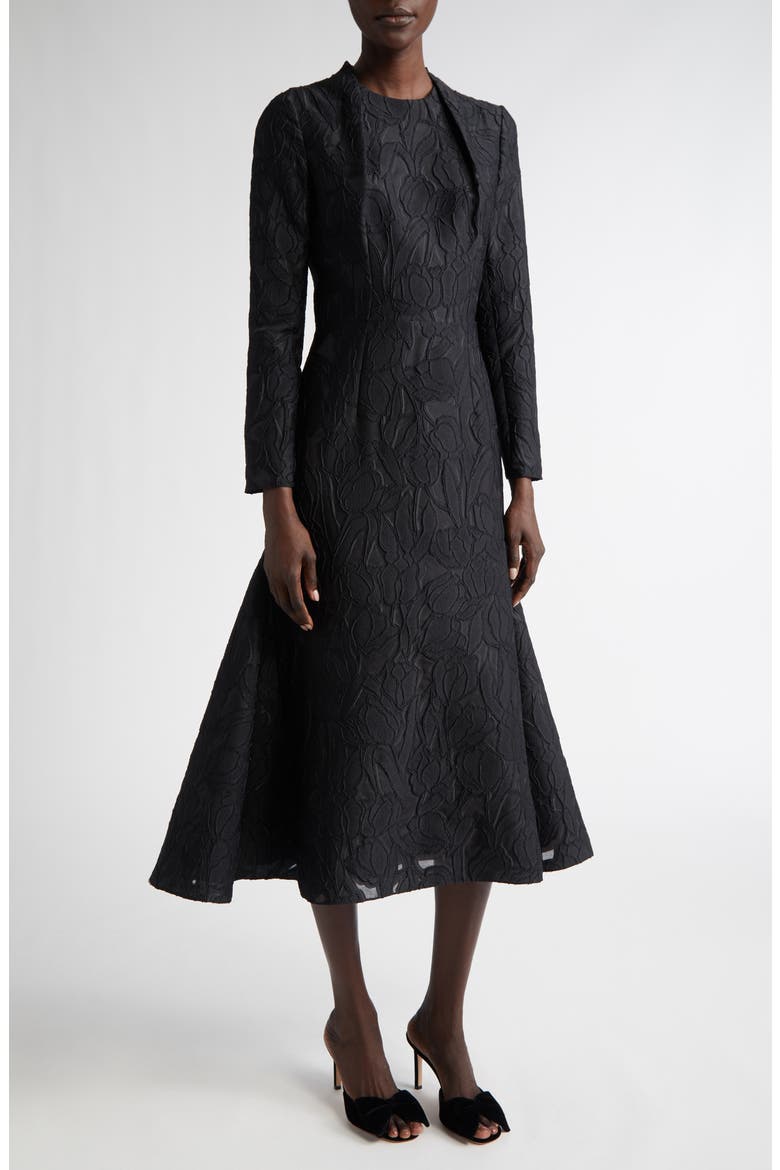 Seneca Burnout Floral Jacquard Long Sleeve Fit & Flare Dress, Main, color, BLACK ON BLACK