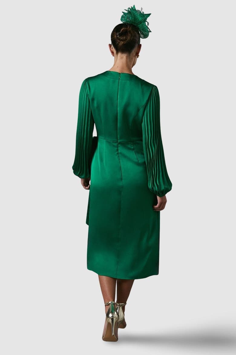 Satin Pleated Wrap Dress, Alternate, color, Green