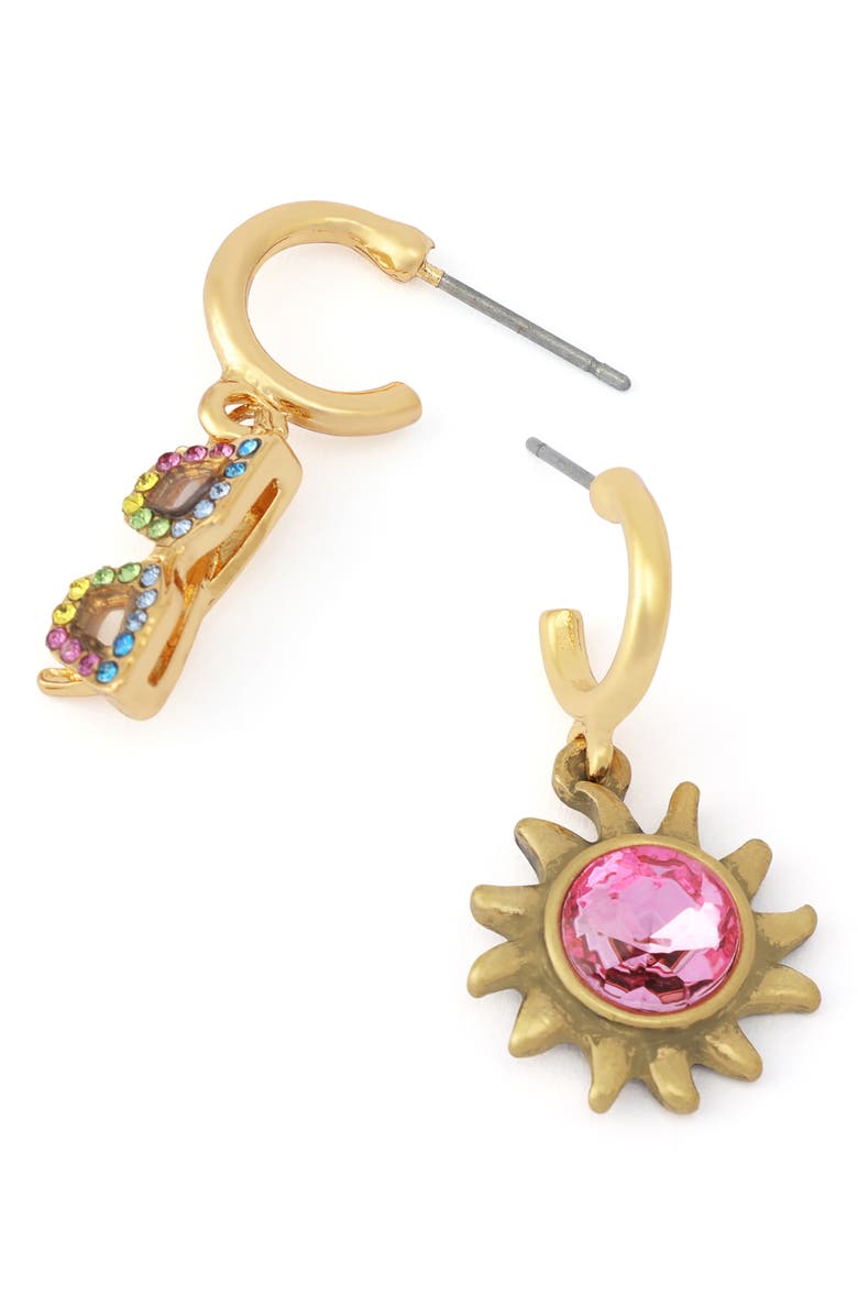 Kurt Geiger London Crystal Sun & Sunglasses Mismatch Huggie Hoop Drop Earrings, Alternate, color, Gold/ Multi