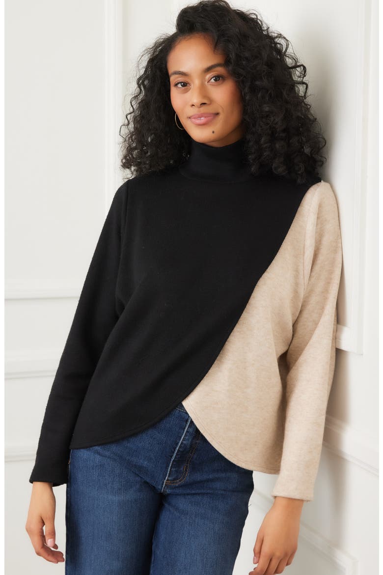 Colorblock Turtleneck Crossover Hem Knit Top, Alternate, color, BLACK/ OATMEAL