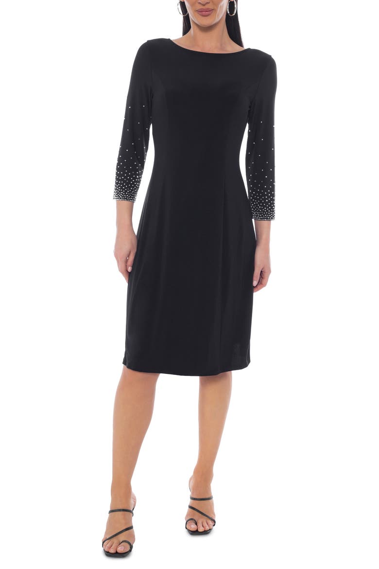 Beaded Three-Quarter Sleeve A-Line Dress, Main, color, BLACK/SILVER