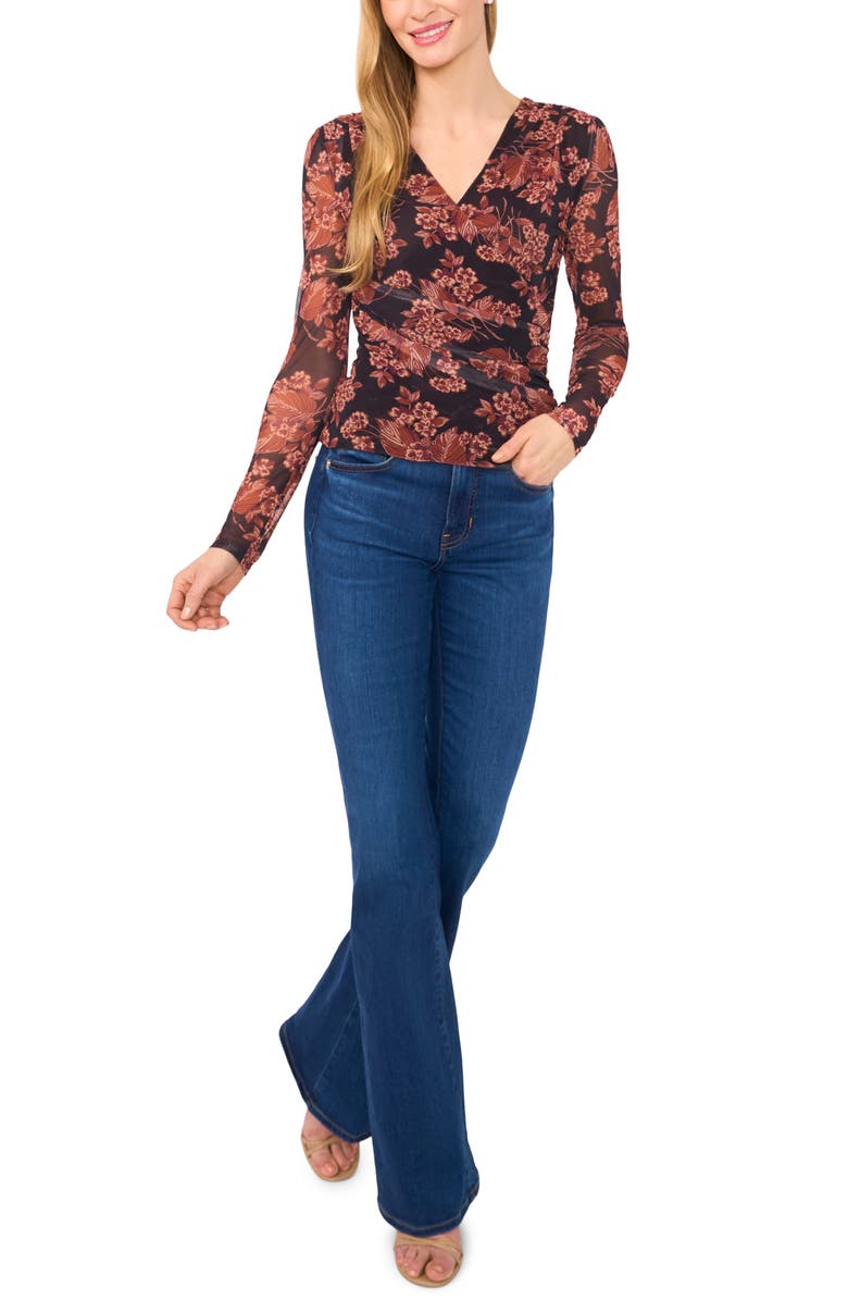 Ted Baker Floral Long Sleeve Mesh Top, Alternate, color, Leather Brown