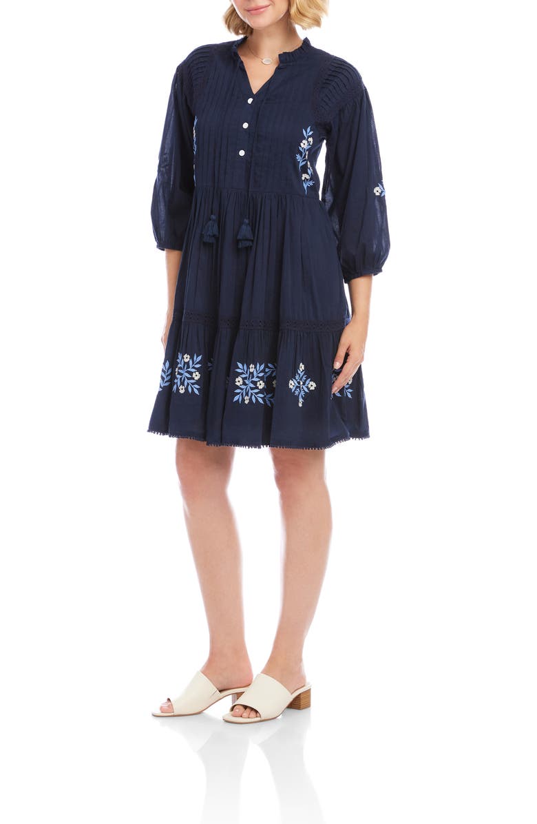 Karen Kane Floral Embroidered Tassel Cotton Dress, Alternate, color, Navy