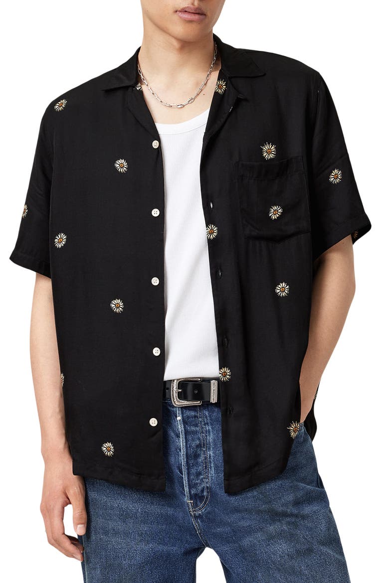 Fleur Peace Camp Shirt, Main, color, JET BLACK